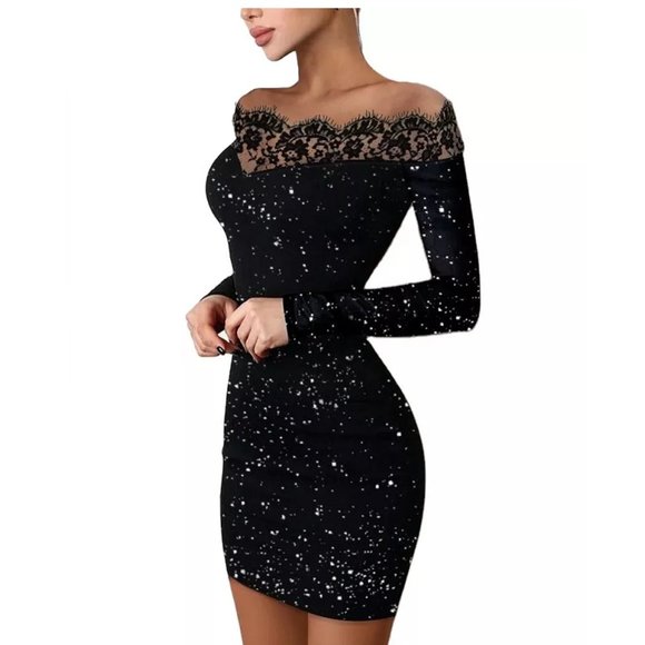 Black Off Shoulder Dress Bodycon Micro Mini Lace Dress - Picture 1 of 5